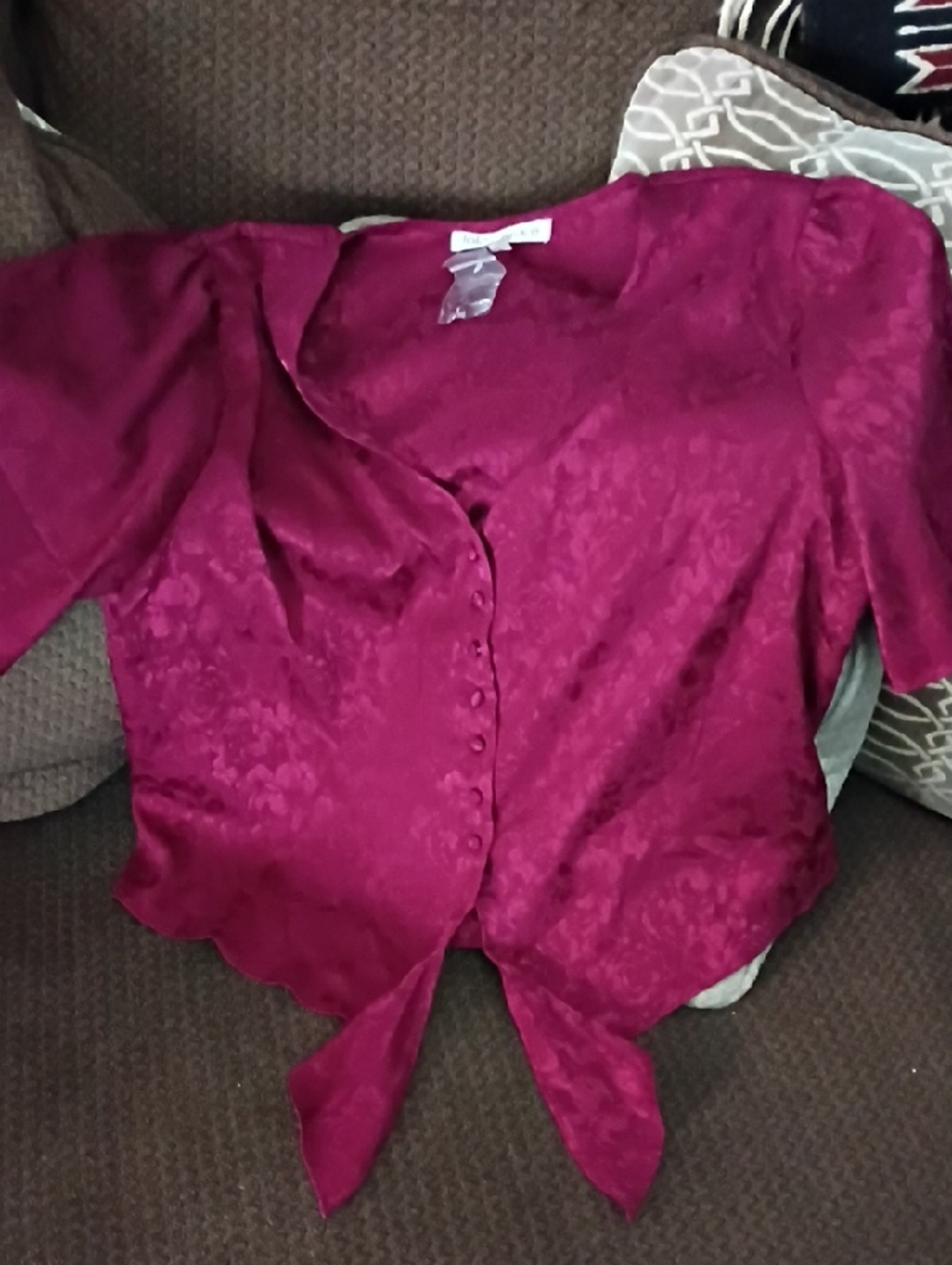 Womens Magenta Tie-Front Short Sleeve Blouse